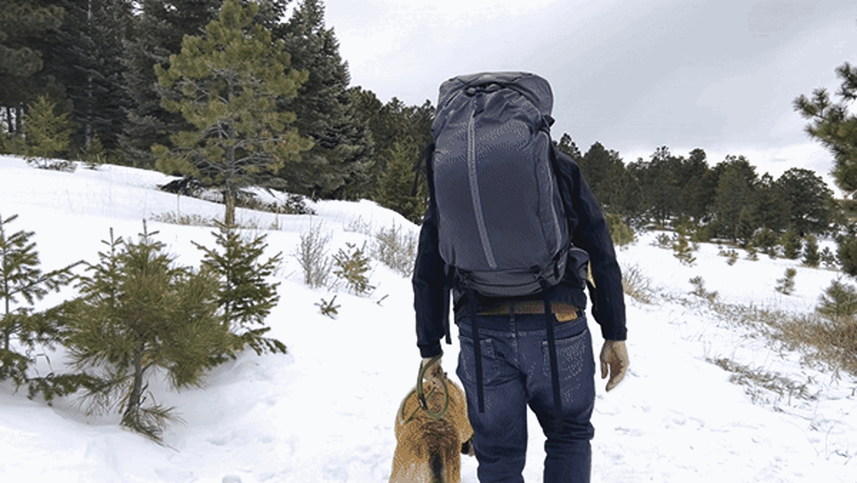 The author's husband carrying a Mountainsmith Apex backpack with their dog