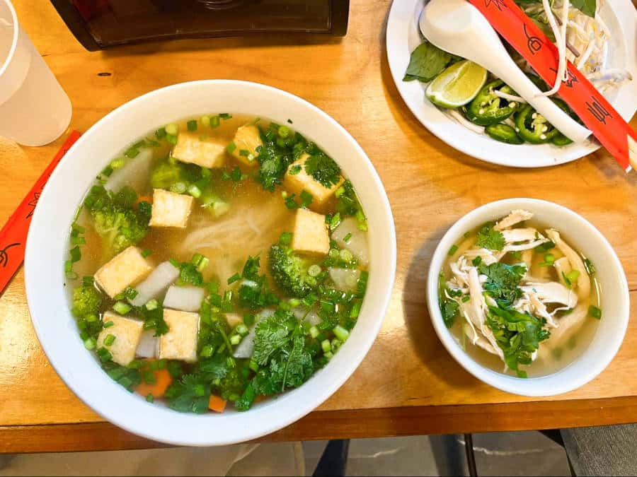 View of bowls of pho soup from Cilantro