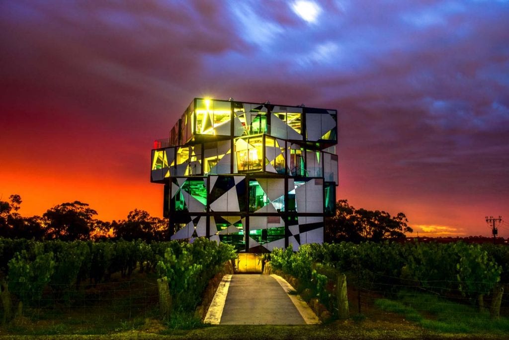 View of the unique building at McLaren Vale at sunset