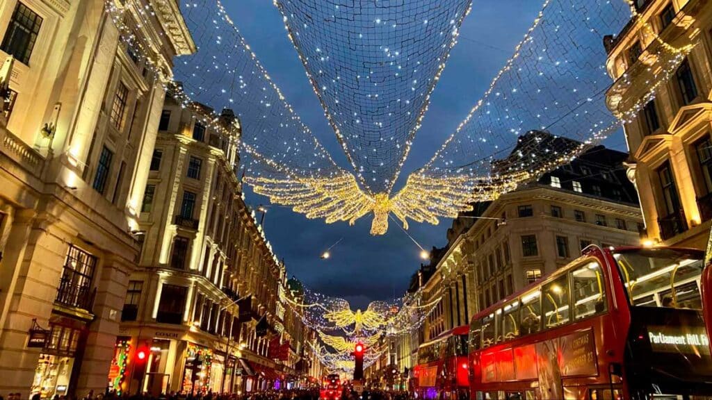 Christmas lights displayed on Picadilly Circus