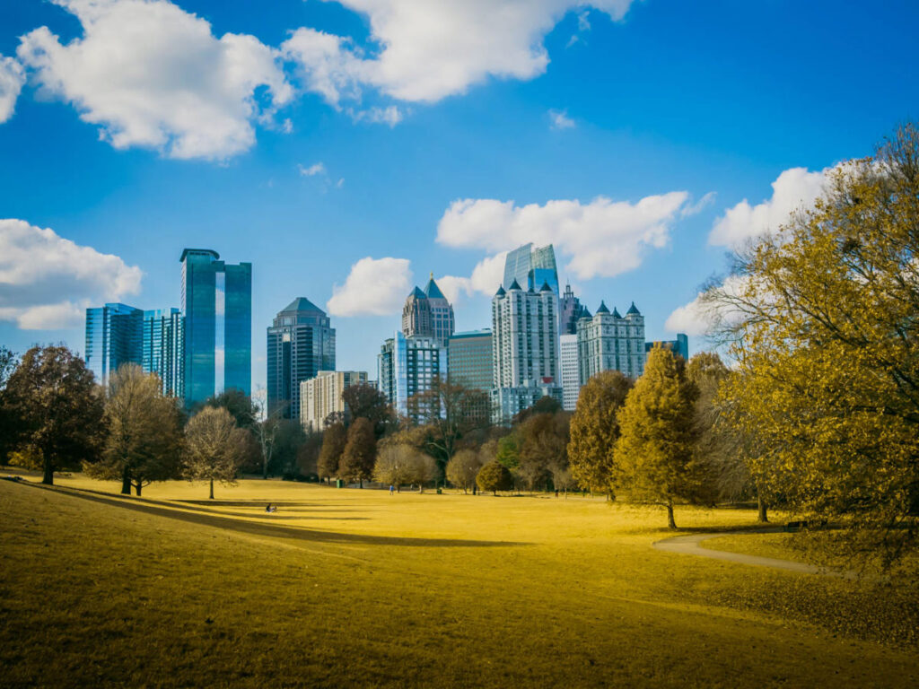 View of Piedmont Park with the Midtown skyline in the background