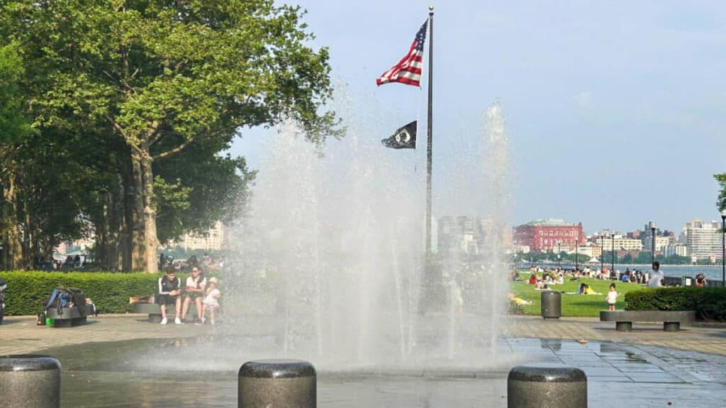 View of a water fountain at the Pier A Park