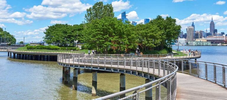 The walkway connecting to the Pier C Park in New Jersey