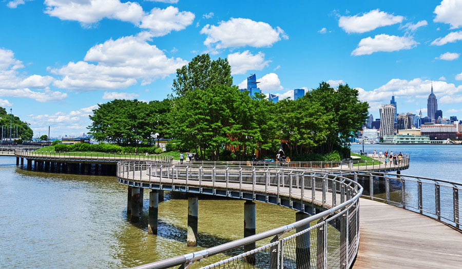 The Pier C Park in Hoboken and the clear blue sky