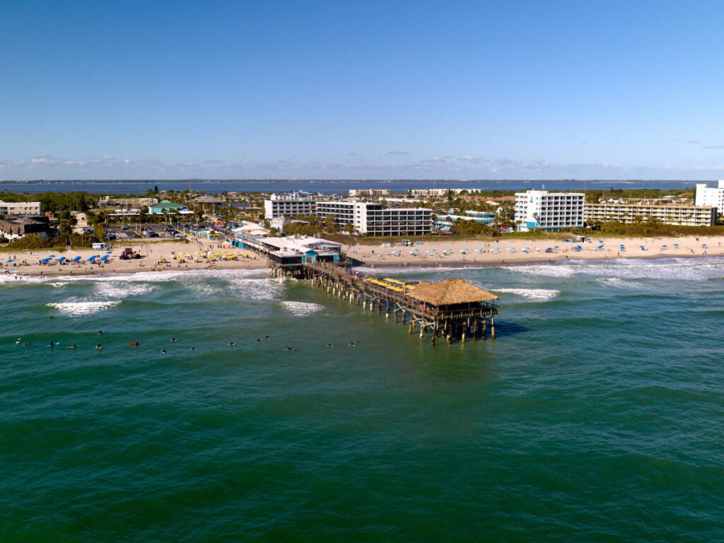 Aerial view of a pier in Cocoa Beach