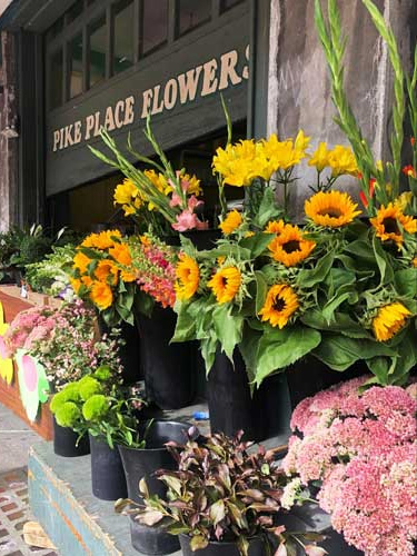 View of colorful flowers in Pike Place Flowers