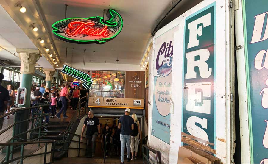 View of people going in different levels in Pike Place Market