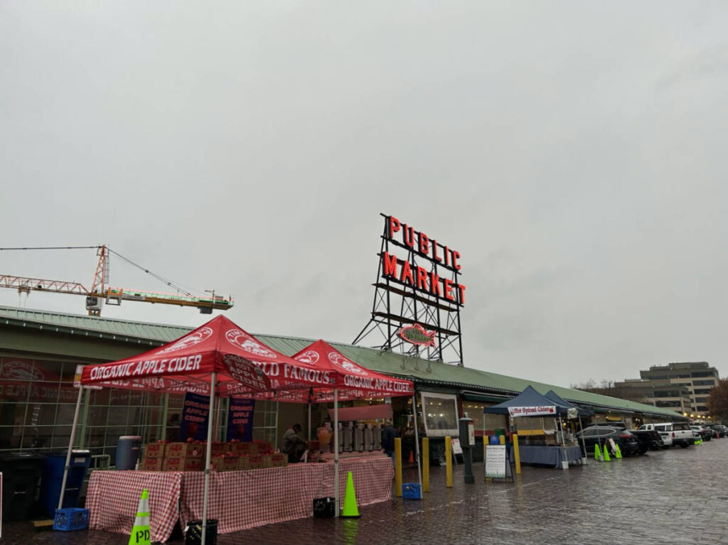 View of the Pike Place Public Market on a rainy day
