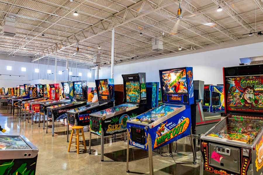 Pinball machines inside the Pinball Hall of Fame