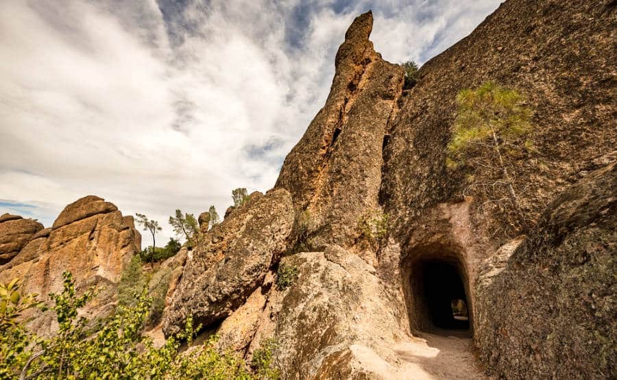 A tall rock peak above the tunnel in Pinnacles National Park