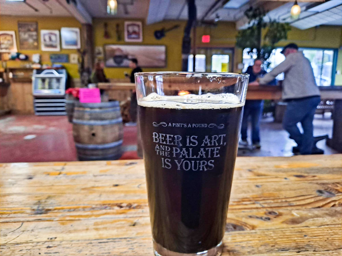 A pint of beer on a wooden table