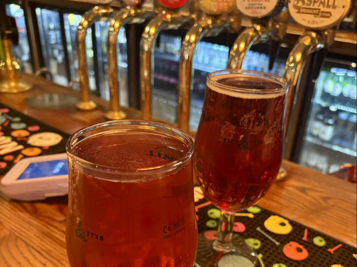 Closeup look of pints of cider and black at a pub