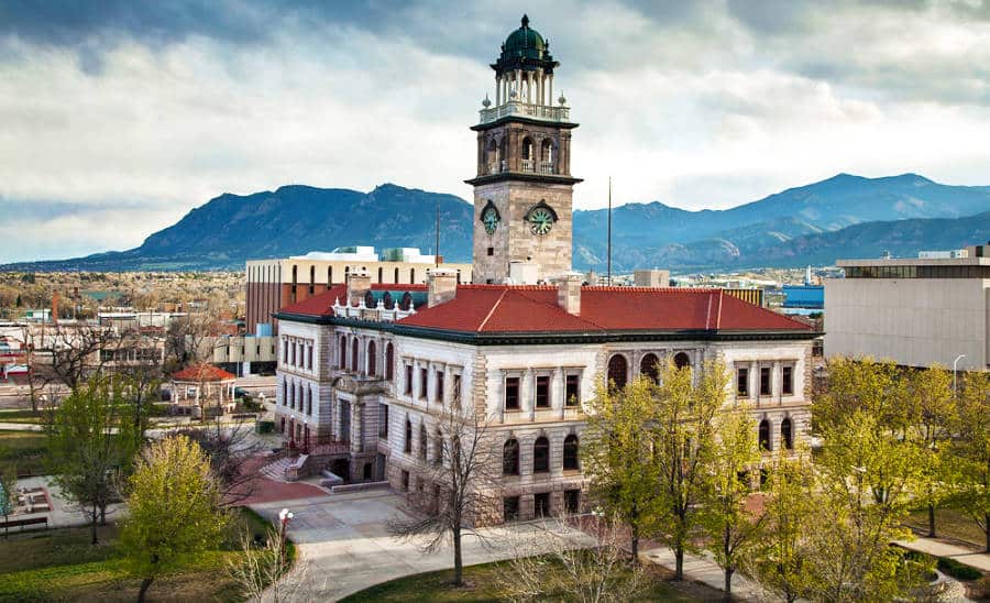 Aerial view of the Pioneers Museum on a cloudy day