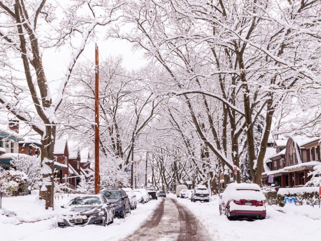 View of the snow covered street in Pittsburgh in winter season