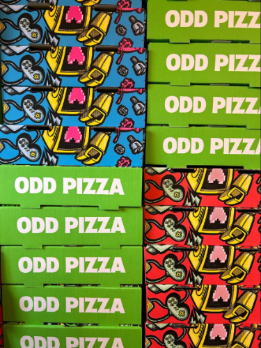 Colorful pizza boxes at MOTO