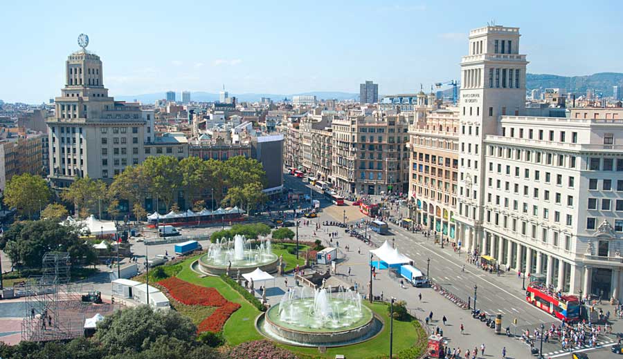 Aerial view of people wandering in Catalonia Square