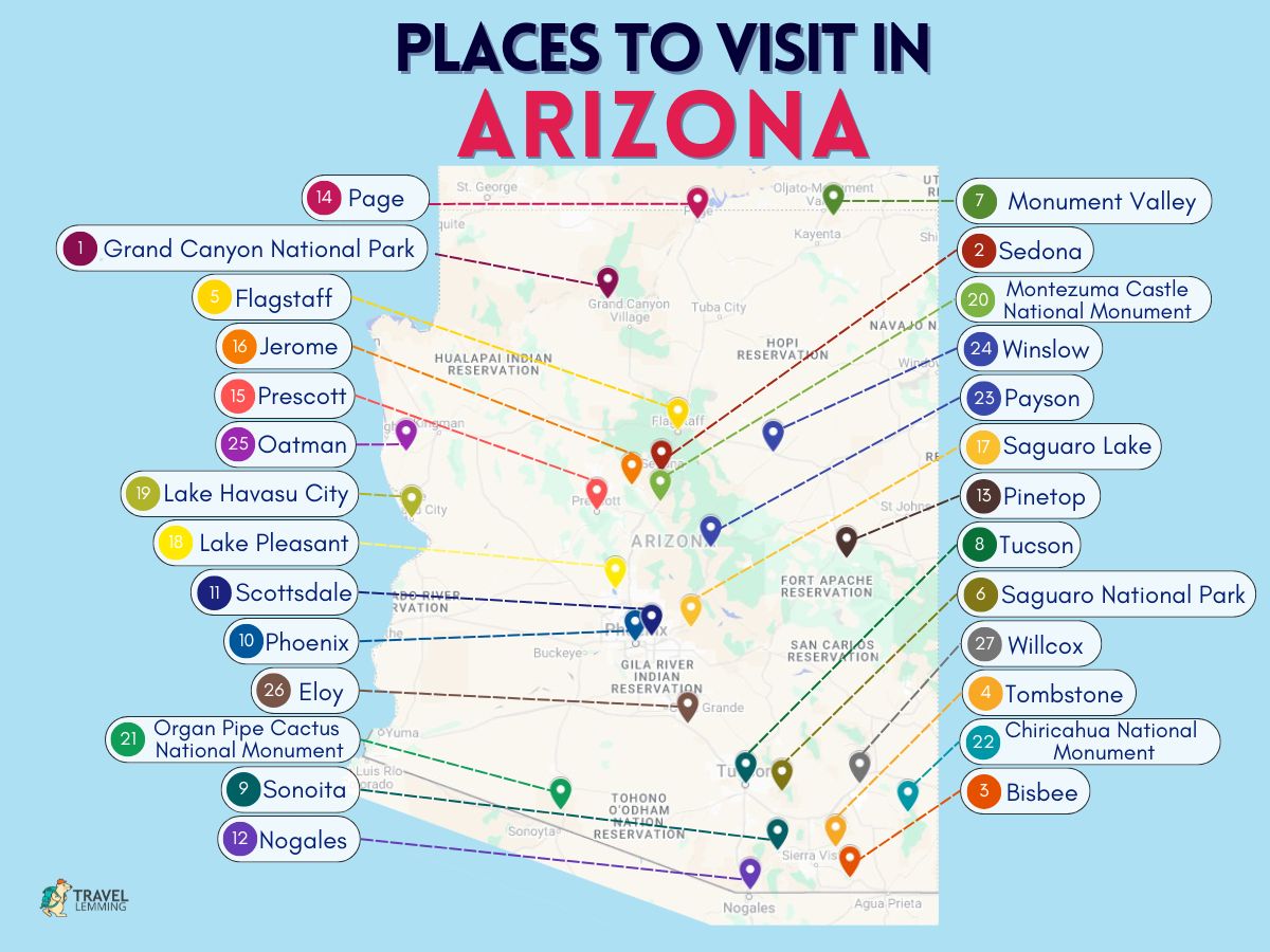 A graphics showing the places you can visit in Arizona