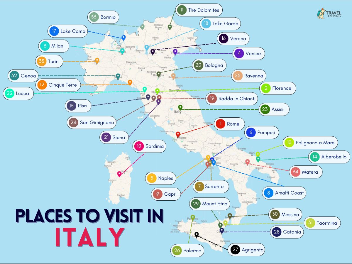 A graphics showing the places you can visit in Italy