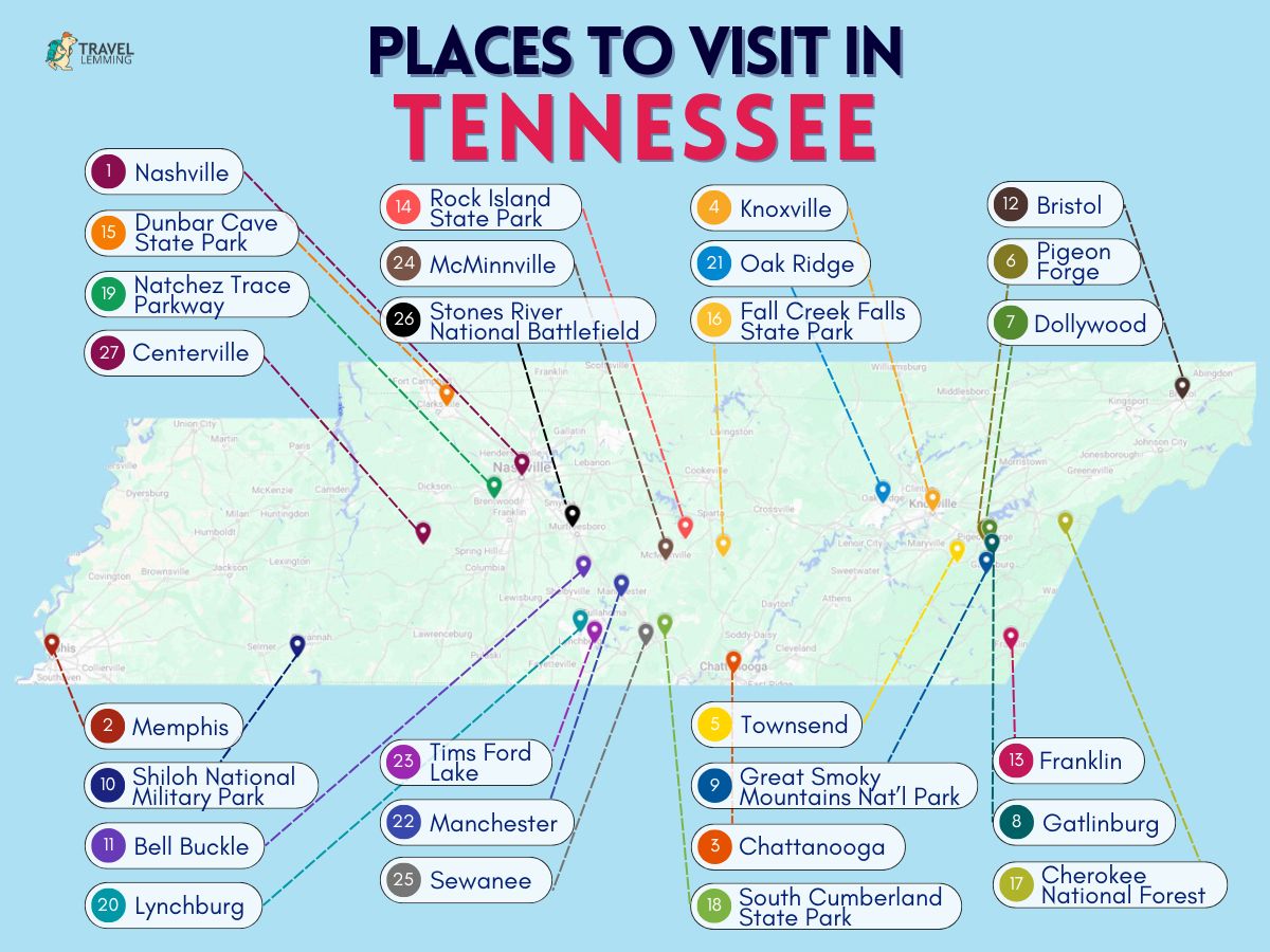 A graphics showing the places you can visit in Tennessee