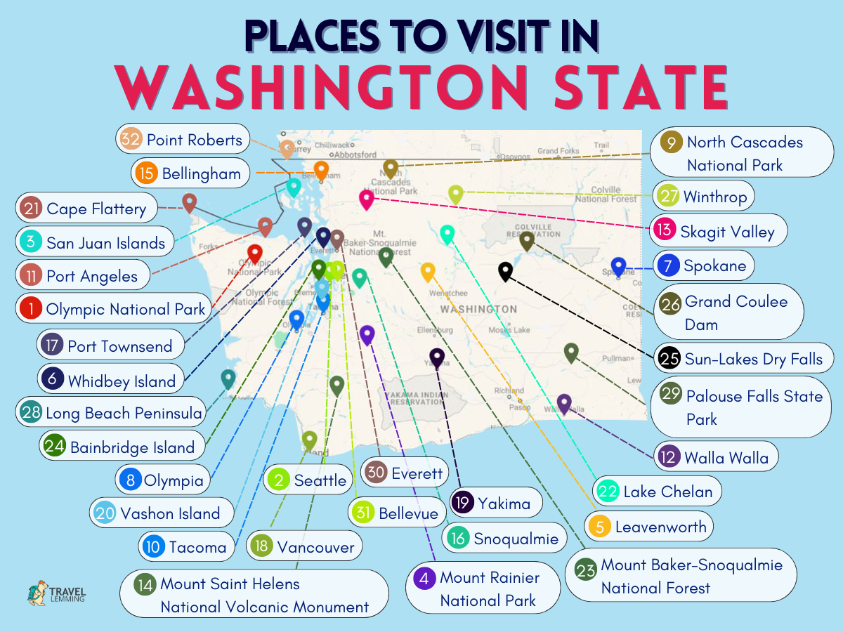 A graphics showing the places you can visit in the Washington State