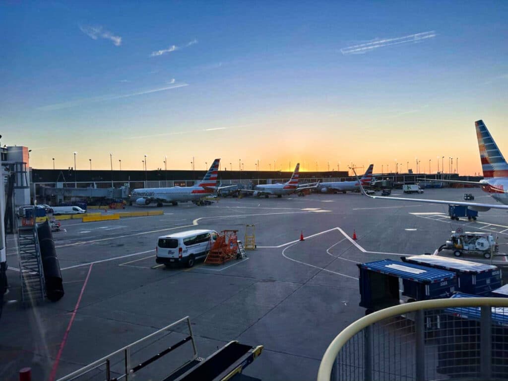 View of the planes at Chicago O’Hare Airport during sunrise