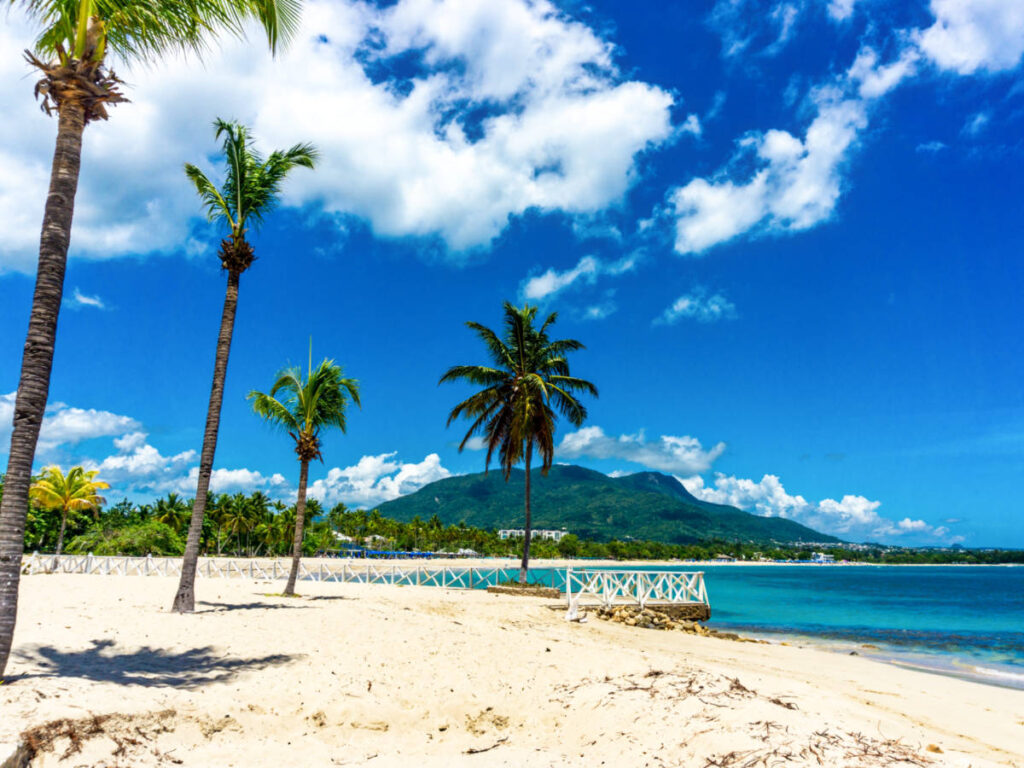 Scenic view of the mountain, cocnut trees and the white sand of Playa Dorada