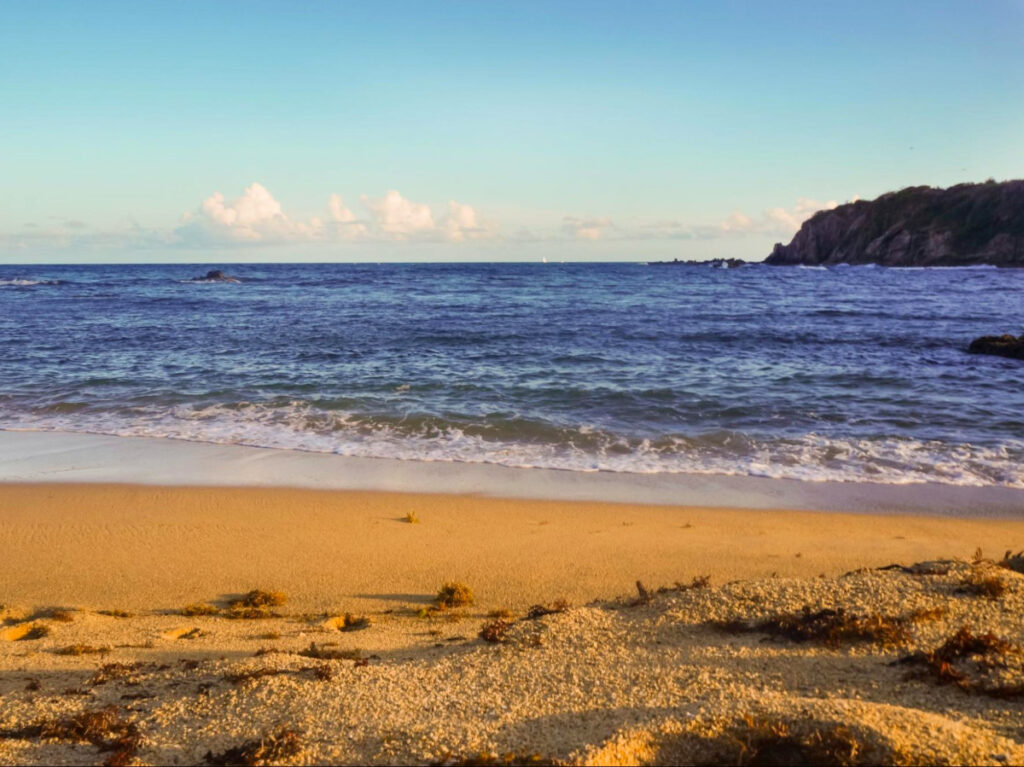 Playa Teresa beach with sandy shore, ocean waves, and blue sky