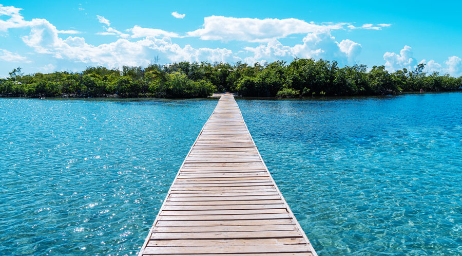 View of the clear water in Cayo Aurora and a wooden pathway