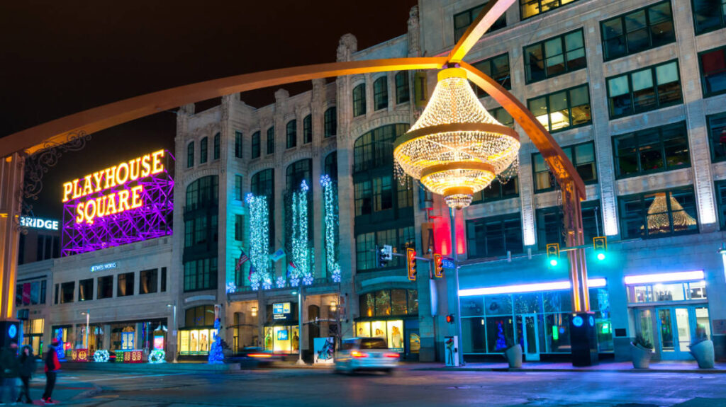 The Playhouse Square building from the outside at night