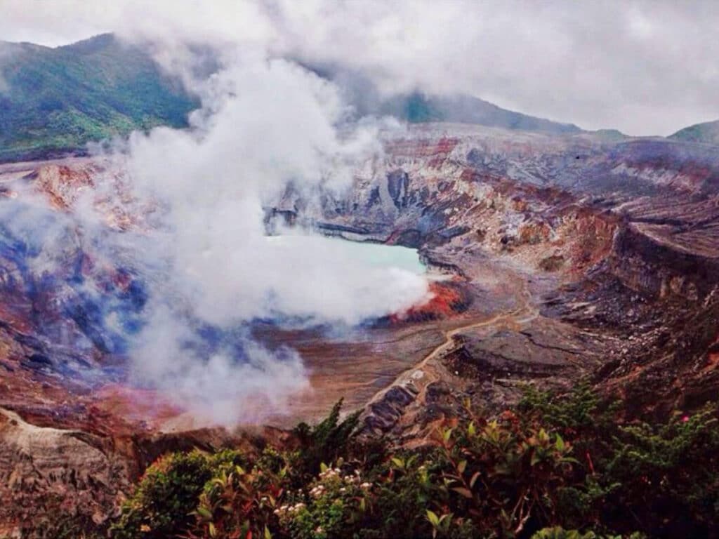Overlooking view of the smoking crater of Poás Volcano