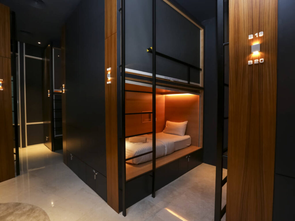 View of the sleek interior of a pod hotel