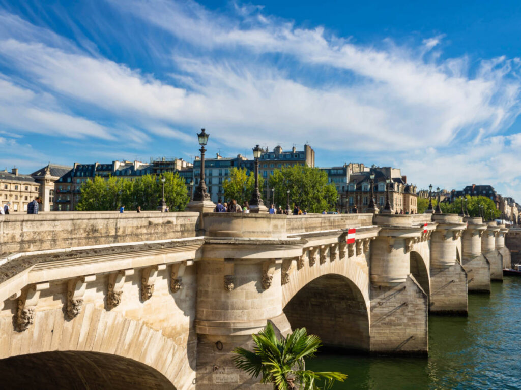 View of the structure of the Pont Neuf bridge over the river in Paris