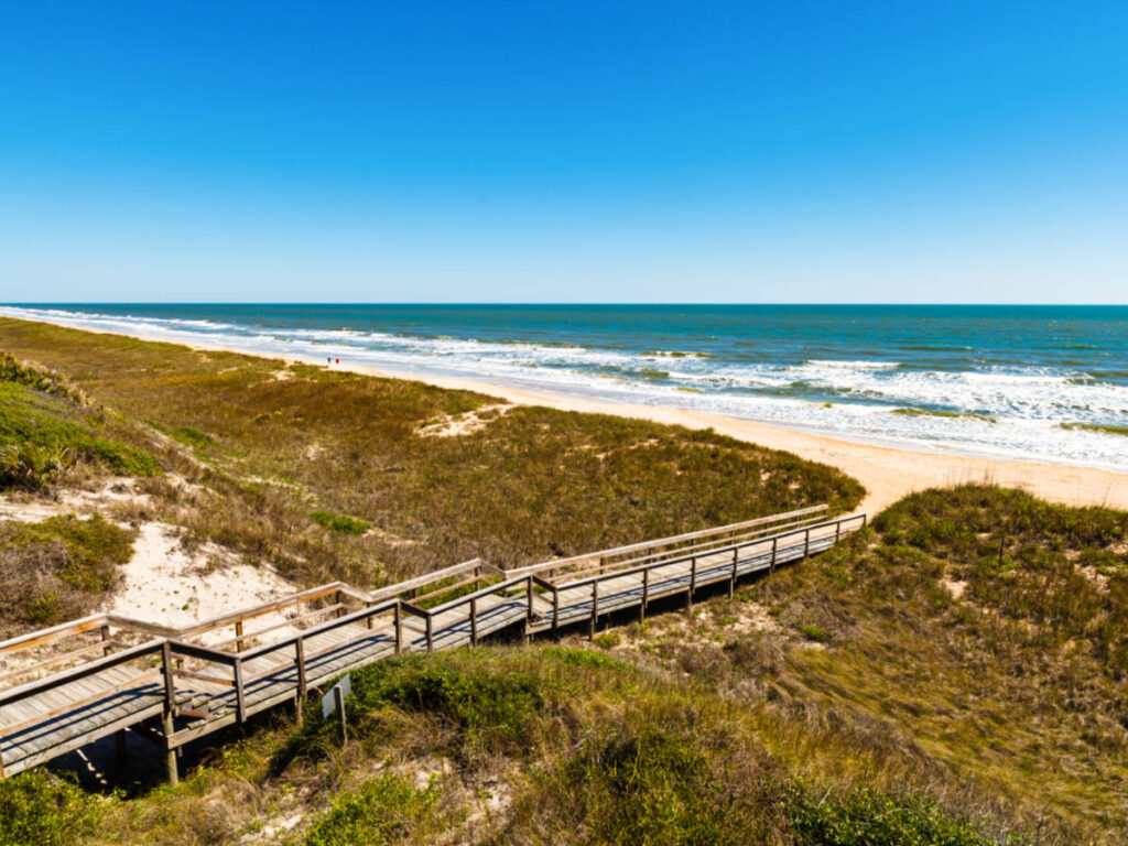 A footbridge leading to the shoreline of Ponte Vedra Beach on a sunny day
