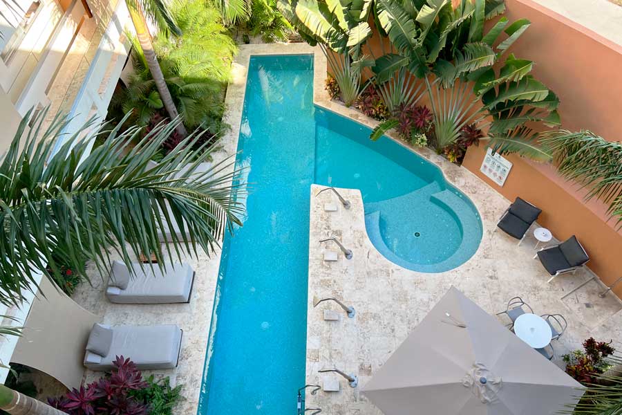 View of the pool area from above in Valhalla Residences by Biwa