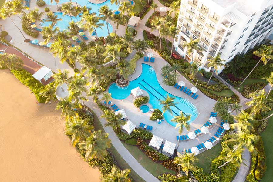 Aerial view of the pool area in Wyndham Grand Rio Mar Golf & Beach Resort