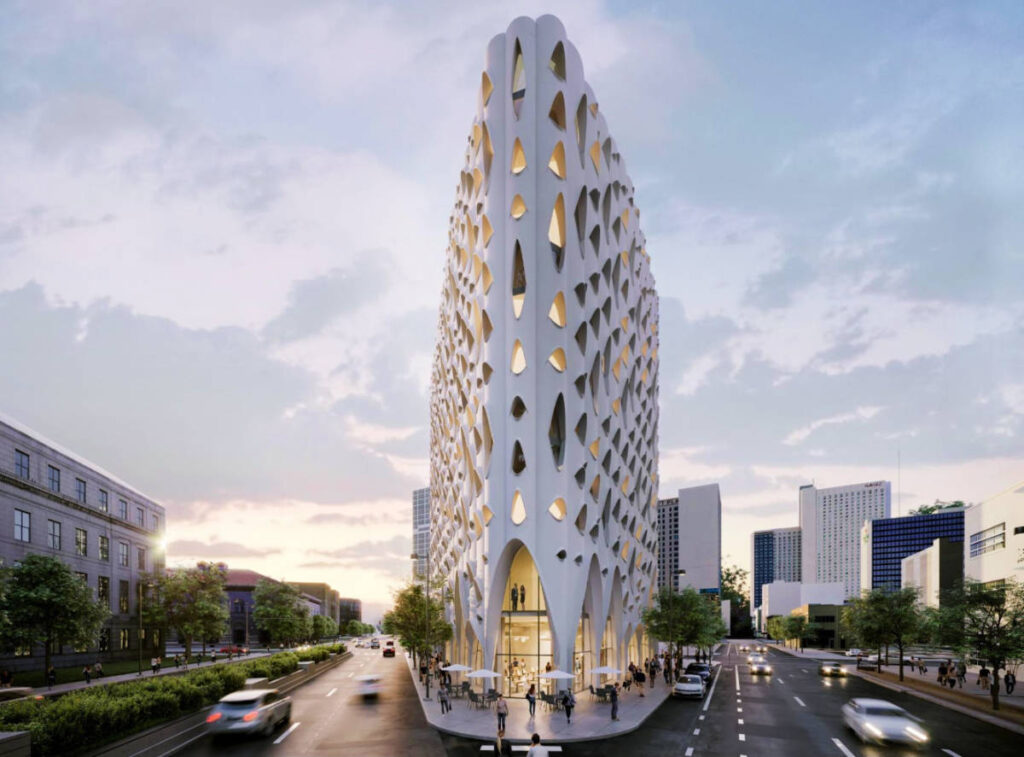 Exterior architecture of Populus hotel building in Denver, Colorado