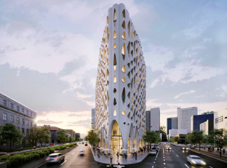 Exterior architecture of Populus hotel building in Denver, Colorado
