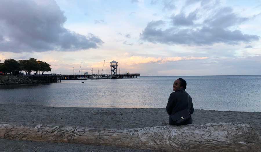 The author sitting at the waterfront in Port Angeles