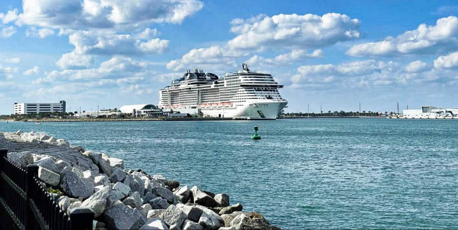 A huge cruise ship docked at Port Canaveral