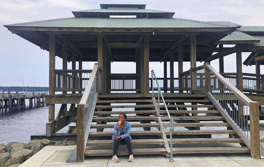View of the author enjoying her ice cream in port townsend