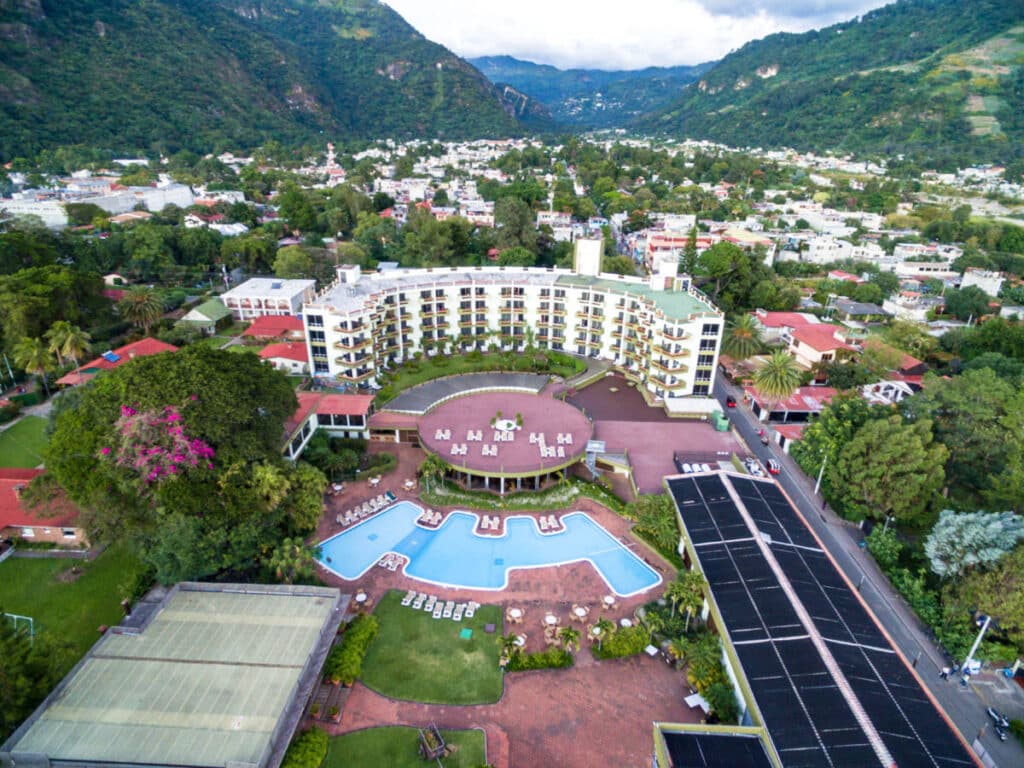 Aerial view of Porta Hotel del Lago and Panajachel cityscape in Guatemala