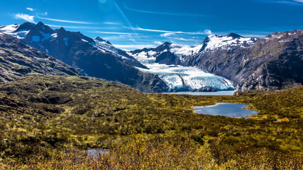 View of the Portage Glacier from Portage Pass on a sunny day