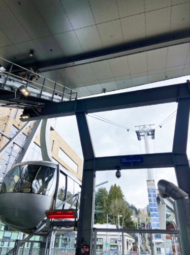 View of the aerial tram nearing the waiting station