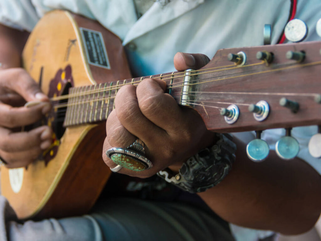 A close up view of a mandolin player in Portland Old Time Music Gathering