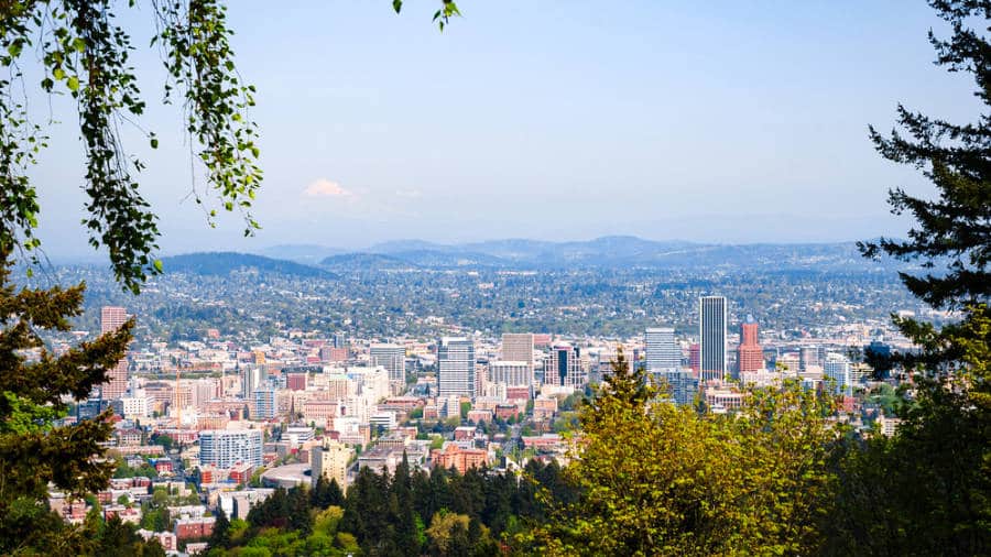 Overlooking view of the Portland skyline and Mount Hood from the trail