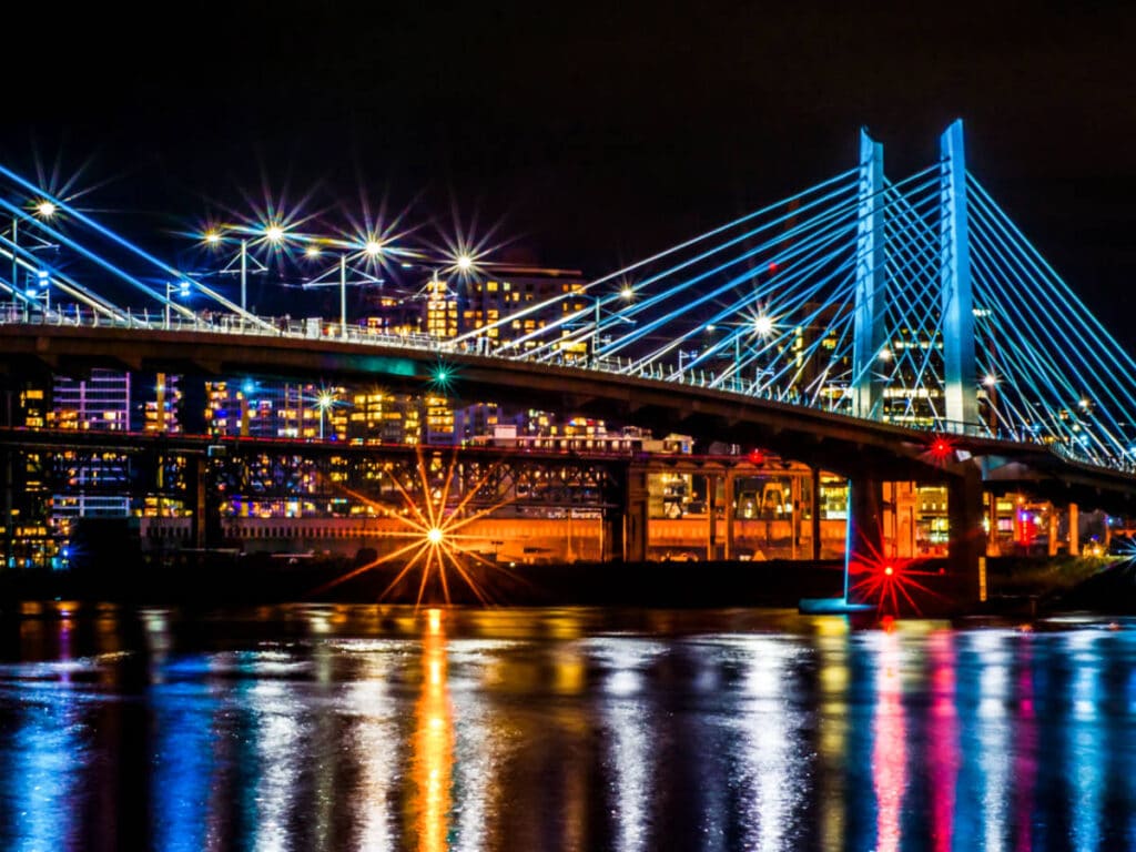 Scenic view of the illuminated city lights reflecting on the water in Portland at night