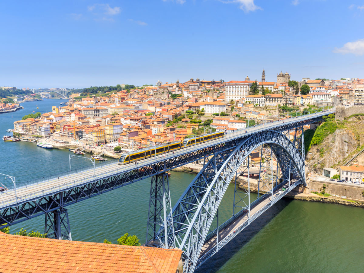 Porto cityscape on the Douro River and Dom Luis I Bridge