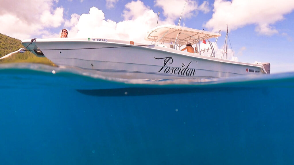 View of the private charter named Poseidon from the ocean water