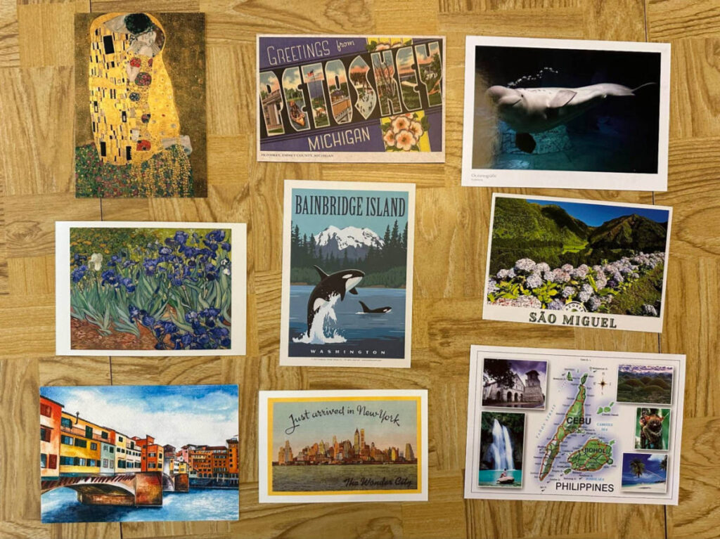 Variety of postcards in different styles and sizes