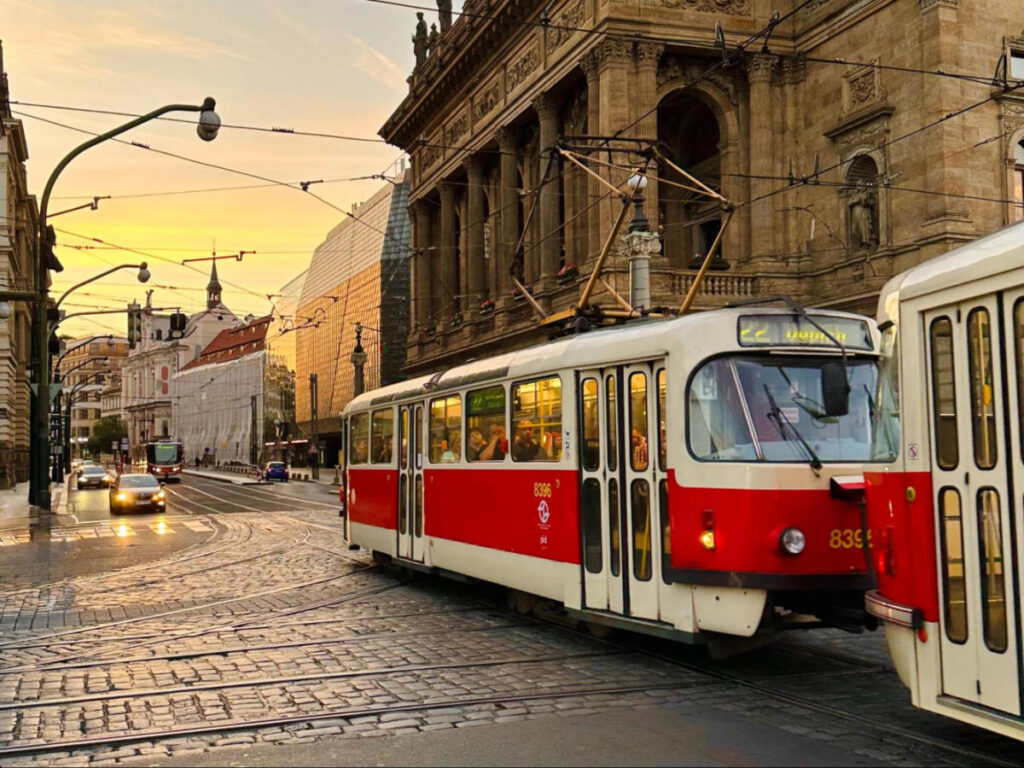 View of Prague’s tram at sunset